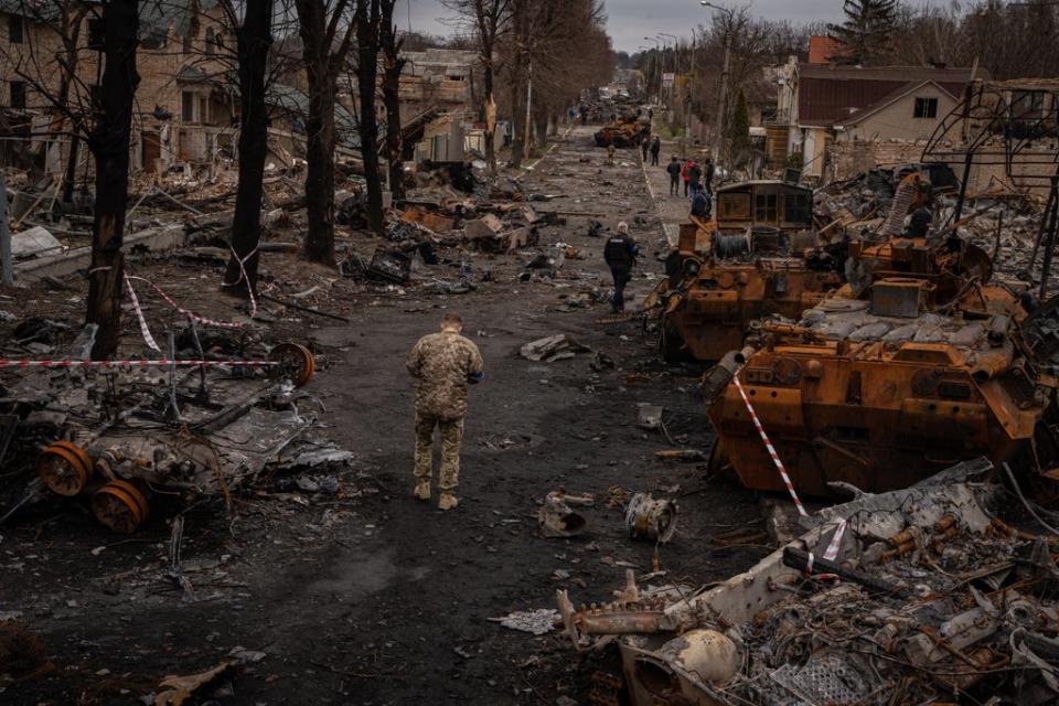 Soldiers work to de-mine some of the hardest hit areas of Bucha, Borodyanka and Hostomel (Bel Trew)