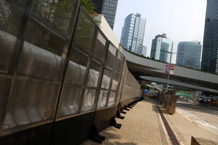 Barricades set up outside the Legislative Council building are seen in Central district