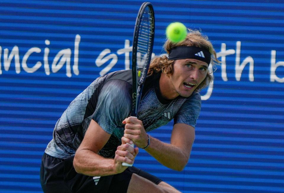 Alexander Zverev of Germany,, ranked number 16 returns a shot to number three, Daniil Medvedev of Russia, during the third round of the Western & Southern Open at the Lindner Family Tennis Center in Mason Thursday, August, 17, 2023.
(Credit: Cara Owsley/The Enquirer)