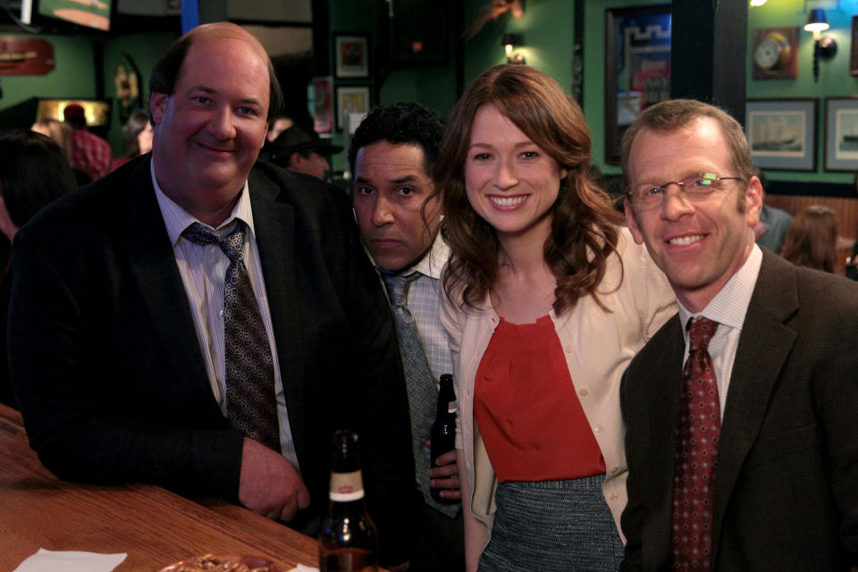 THE OFFICE -- "A.A.R.M." Episode 922 -- Pictured: (l-r) Brian Baumgartner as Kevin Malone, Oscar Nunez as Oscar Martinez, Ellie Kemper as Erin Hannon, Paul Lieberstein as Toby Flenderson -- (Photo by: Chris Haston/NBCU Photo Bank/NBCUniversal via Getty Images via Getty Images)