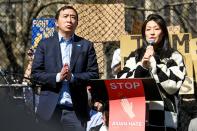 <p>N.Y.C. mayoral candidate Andrew Yang and wife Evelyn Yang speak at the Rally Against Hate at Columbus Park.</p>