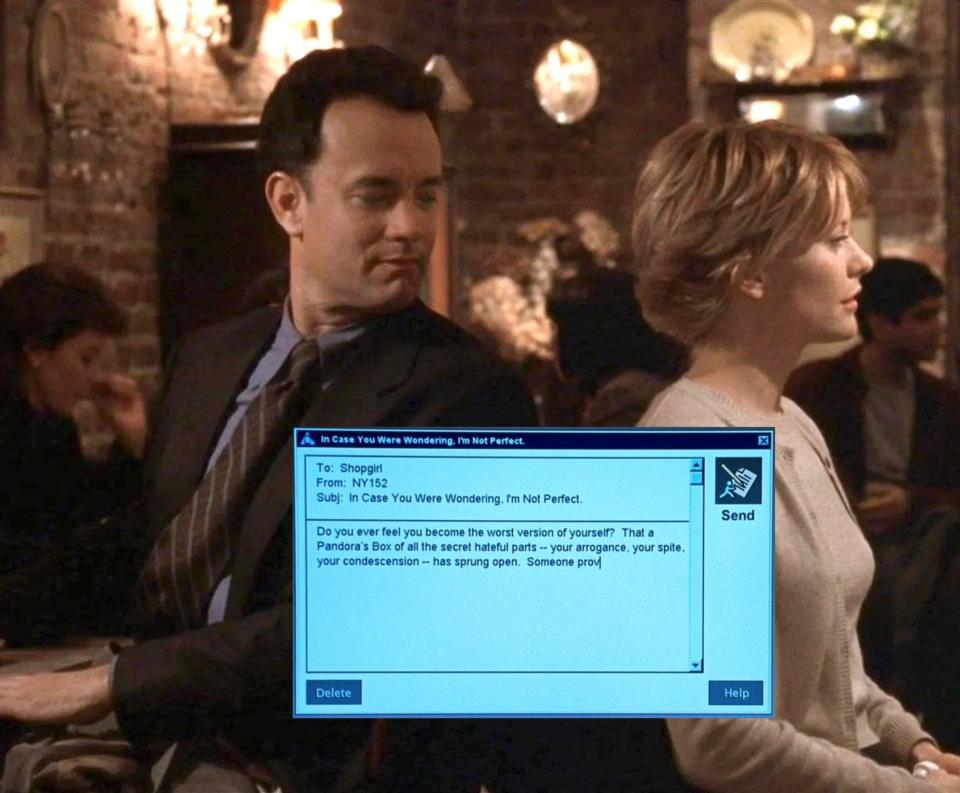 Tom Hanks and Meg Ryan in "You've Got Mail" with an AOL email exchange between them