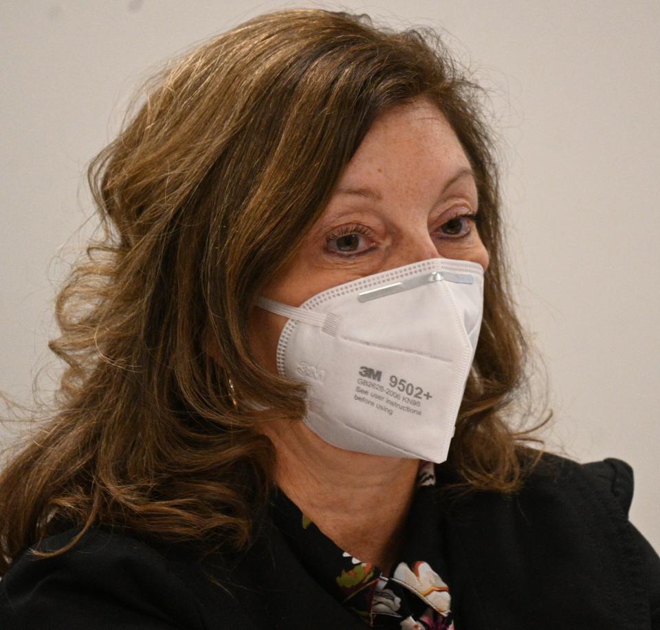 Dr. Karen Luparello, medical director at Branch-Hillsdale-St. Joseph Community Health Agency, wearing an N95 mask, now available through the agency.