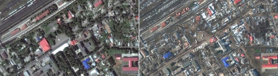 Damage seen near Sumy’s train station on March 14 (right), compared to an image captured in 2021 (left) (Satellite image ©2022 Maxar Technologies/PA)