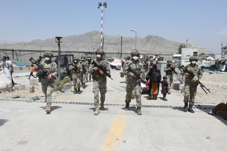 KABUL, AFGHANISTAN - AUGUST 23: Soldiers of Turkish Task Force in Afghanistan are on duty in and around Hamid Karzai International Airport to work on evacuation process of people, in Kabul, Afghanistan on August 23, 2021. The soldiers are also working on the coordination of the evacuation in a headquarters building named 