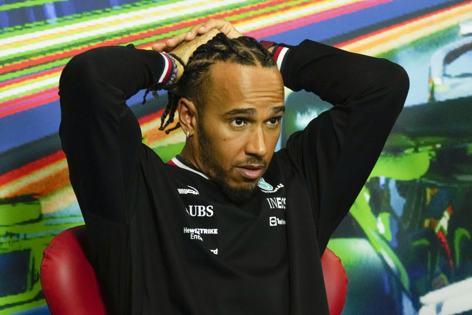 Mercedes driver Lewis Hamilton of Britain gestures during a news conference at the Monza racetrack, in Monza, Italy, Thursday, Sept. 8, 2022. The Formula one race will be held on Sunday. (AP Photo/Luca Bruno)