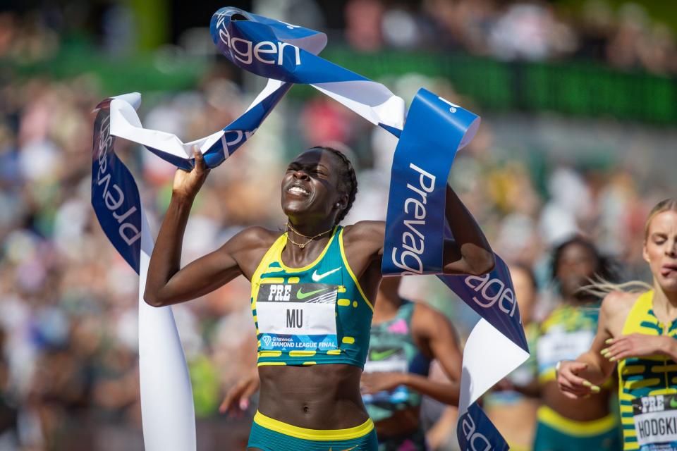 Athing Mu wins the women’s 800 meters during the second day of the annual Prefontaine Classic Sunday, Sept. 17, 2023, at Hayward Field in Eugene, Ore.