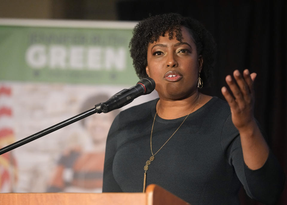 Jennifer-Ruth Green, the Republican candidate for Indiana's 1st Congressional District, speaks during an election campaign event, Tuesday, Nov. 8, 2022, in Schererville, Ind. (AP Photo/Darron Cummings)