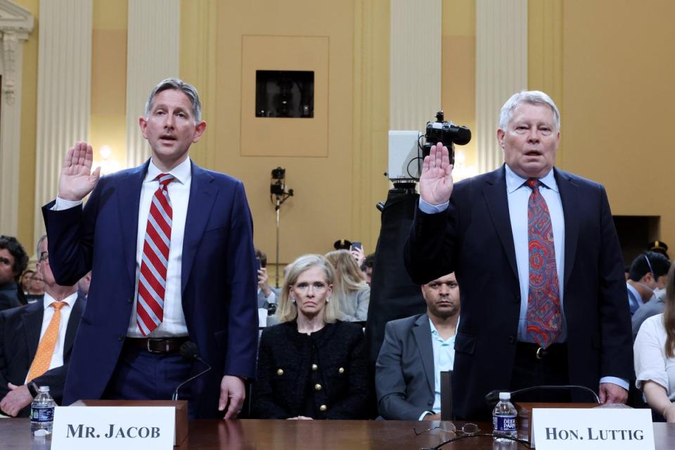 Greg Jacob, former counsel to Vice President Mike Pence, and J. Michael Luttig, retired judge for the U.S. Court of Appeals for the Fourth Circuit and informal advisor to Mike Pence, are sworn in to testify (Getty Images)