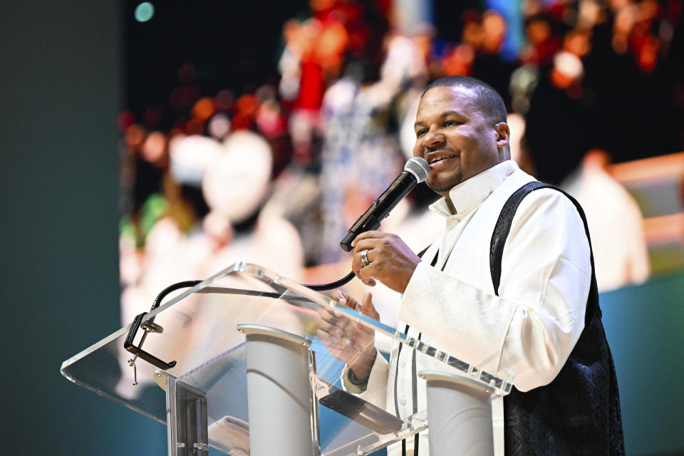 Reverend Matthew L. Watley delivers his sermon during Sunday service at Kingdom Fellowship AME Church, Sunday, June 2, 2024, in Calverton, Md. The suburban Maryland congregation, led by Rev. Watley, has landed at the top of a list of the fastest-growing churches in America. (AP Photo/Terrance Williams)