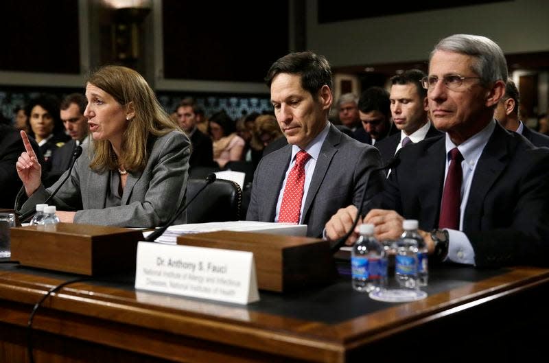 (L-R) Health and Human Services Secretary Sylvia Mathews Burwell, Center for Disease Control Director Dr. Thomas Frieden and Dr. Anthony Fauci, the director of NIH's National Institute of Allergy and Infectious Diseases testify before the Senate Appropriations Committee on the U.S. government response to the Ebola outbreak in Washington November 12, 2014.   REUTERS/Gary Cameron  