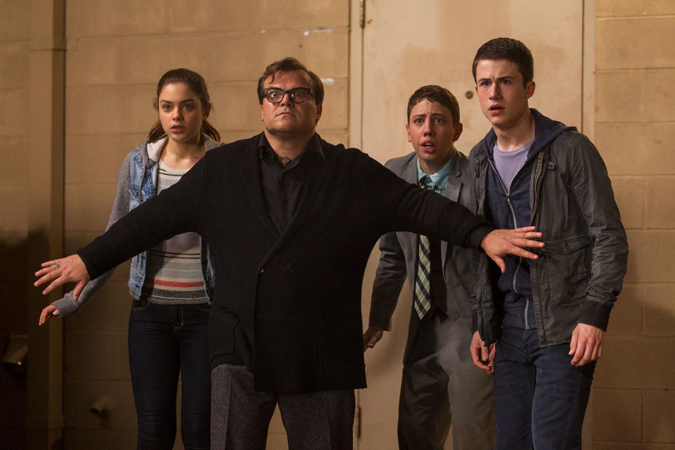 Odeya Rush, Jack Black, Ryan Lee and Dylan Minnette star in Goosebumps. (Columbia Pictures)
