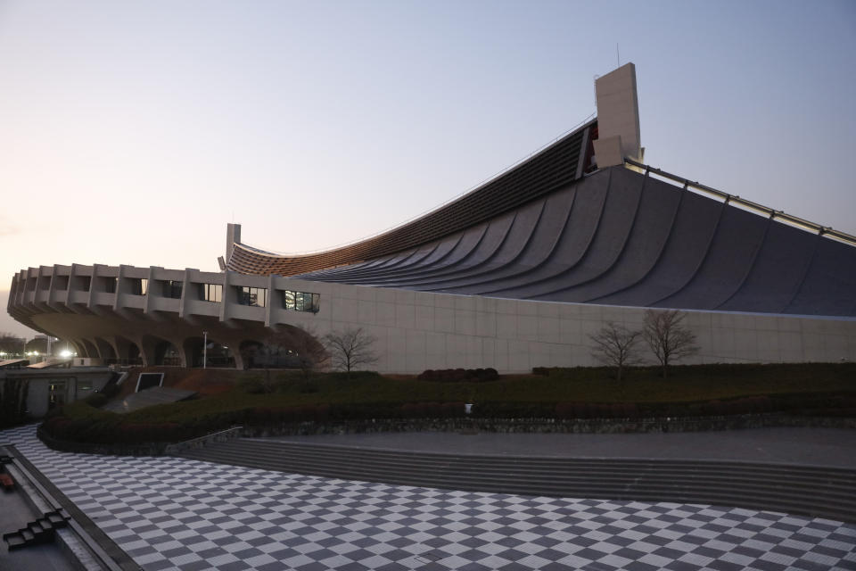 FILE - This Jan. 10, 2020, file photo, shows the exterior of the Yoyogi National Stadium in Tokyo. The Yoyogi National Stadium was the gem of the '64 Games. Built by the late-architect Kenzo Tange, the masterpiece was the venue for swimming and is slated to be used for handball next year in Tokyo. (AP Photo/Jae C. Hong, File)