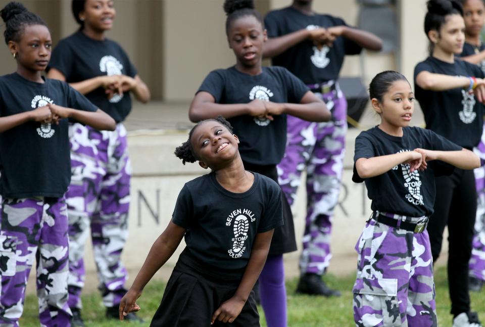 The dance troupe Seven Hills Stomp Soldiers perform during the Juneteenth Festival at Institute Park in Worcester, Massachusetts, in 2017.