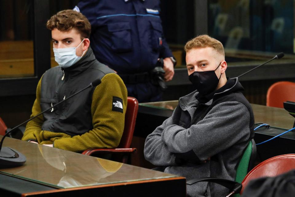 U.S. citizens Finnegan Lee Elder, right, and Gabriel Natale-Hjorth, during their trial in Rome on April 26, 2021. They were convicted in the 2019 stabbing death of Italian Carabinieri police officer Mario Cerciello Rega. / Credit: REMO CASILLI/POOL/AFP via Getty Images