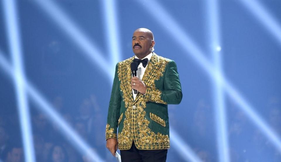 Steve Harvey speaks onstage during 2019 Miss Universe Pageant at Tyler Perry Studios on December 08, 2019 in Atlanta, Georgia. (Photo by Paras Griffin/Getty Images)