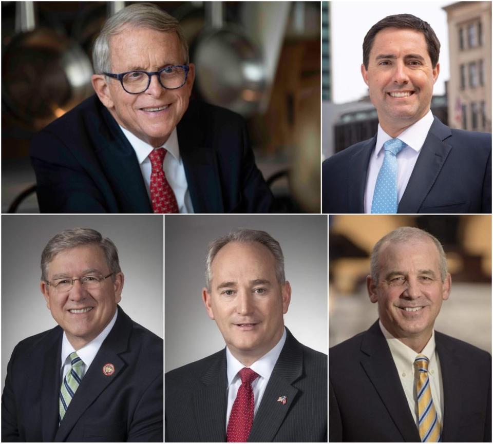 Republican members of the Ohio Redistricting Commission: (Top to bottom, right to left) Ohio Gov. Mike DeWine, Secretary of State Frank LaRose,  House Speaker Bob Cupp Auditor Keith Faber and Senate President Matt Huffman.