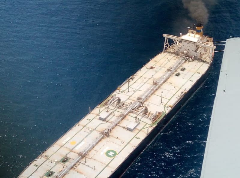 The New Diamond, a very large crude carrier (VLCC) chartered by Indian Oil Corp (IOC), that was carrying the equivalent of about 2 million barrels of oil, is seen after a fire broke out off east coast of Sri Lanka