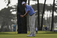 Brendon Todd celebrates after making a putt on the seventh hole during the first round of the PGA Championship golf tournament at TPC Harding Park Thursday, Aug. 6, 2020, in San Francisco. (AP Photo/Jeff Chiu)