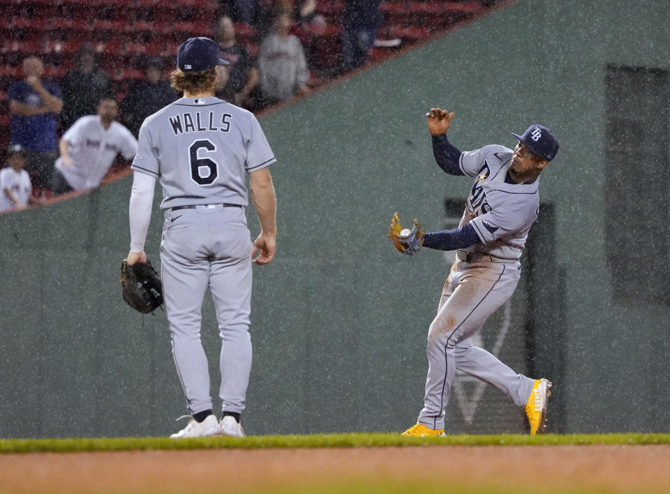 Tampa Bay Rays shortstop Wander Franco (5) makes the catch on a popup by Boston Red Sox's Trevor Story for the final out of a baseball game at Fenway Park, Tuesday, July 5, 2022, in Boston. (AP Photo/Mary Schwalm)