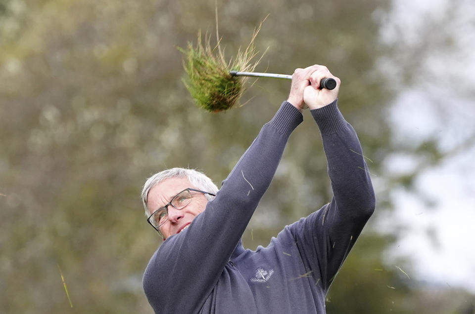 Jay Monahan from the U.S. on the 10th on day one of the Alfred Dunhill Links Championship at Carnoustie, Angus, Scotland, Thursday Oct. 3, 2024. (Jane Barlow/PA via AP)