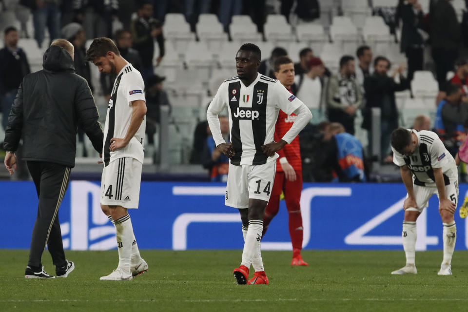 Juventus' players leave the pitch at the end of the Champions League quarter final, second leg soccer match between Juventus and Ajax, at the Allianz stadium in Turin, Italy, Tuesday, April 16, 2019. (AP Photo/Antonio Calanni)