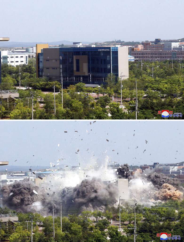 位於開城工業區的南北韓聯絡辦公室在2020年6月16日遭到北韓炸毀，平壤當局顯然藉此擺出拒絕溝通的威嚇姿態。（美聯社）