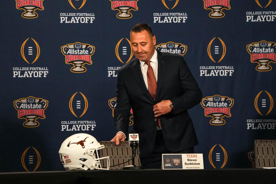 Texas coach Steve Sarkisian, taking his seat during a press conference the day before the Sugar Bowl in New Orleans, led Texas to a Big 12 championship and its first CFP appearance. Sarkisian has signed 10 five-star players at Texas, including the celebrated Arch Manning, and more than 60 four-star recruits.