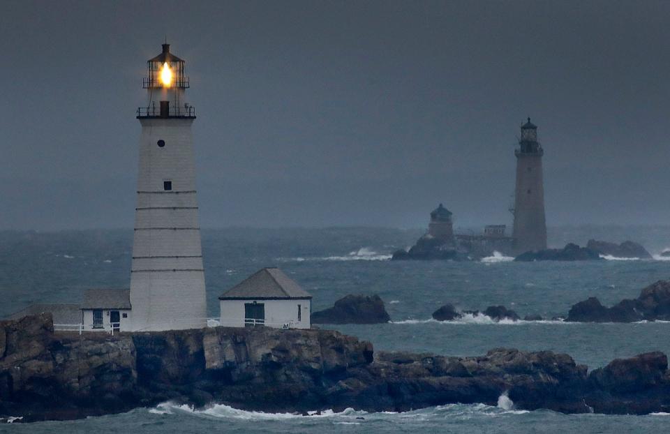 Boston and Graves lights are seen off the Hull coast at the entrance to Boston Harbor.