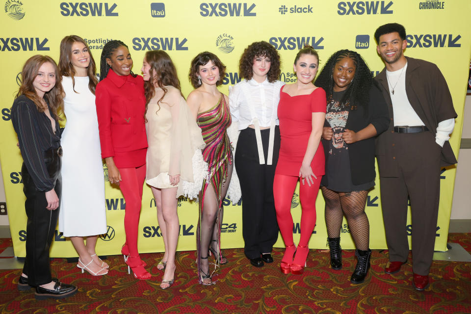 AUSTIN, TEXAS - MARCH 11: (L-R) Summer Joy, Kaia Gerber, Ayo Edebiri, Havana Rose Liu, Ruby Cruz, writers Rachel Sennott and Emma Seligman, Zamani Wilder and Miles Fowler attend the 