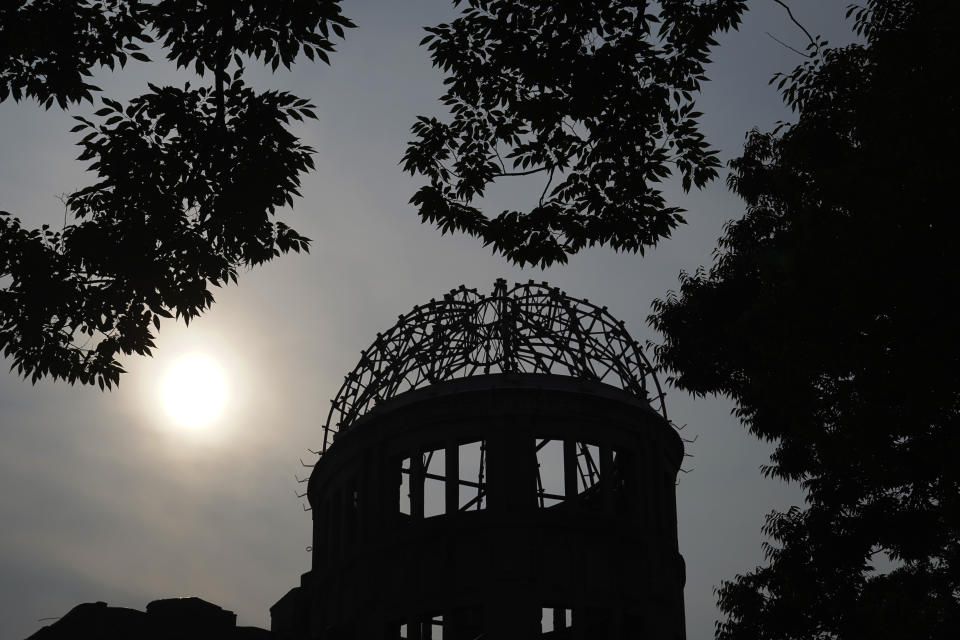 The Atomic Bomb Dome is seen at dusk in Hiroshima, western Japan, Monday, Aug. 3, 2020. The city of Hiroshima on Thursday, Aug. 6 marks the 75th anniversary of the world’s first nuclear attack. (AP Photo/Eugene Hoshiko)