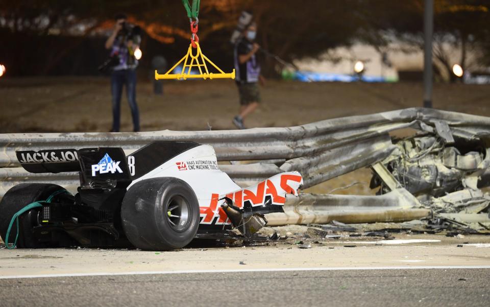 Romain Grosjean's car was sliced in half during a horrifying crash at the Bahrain Grand Prix, Luckily the Frenchman somehow survived  - GETTY IMAGES