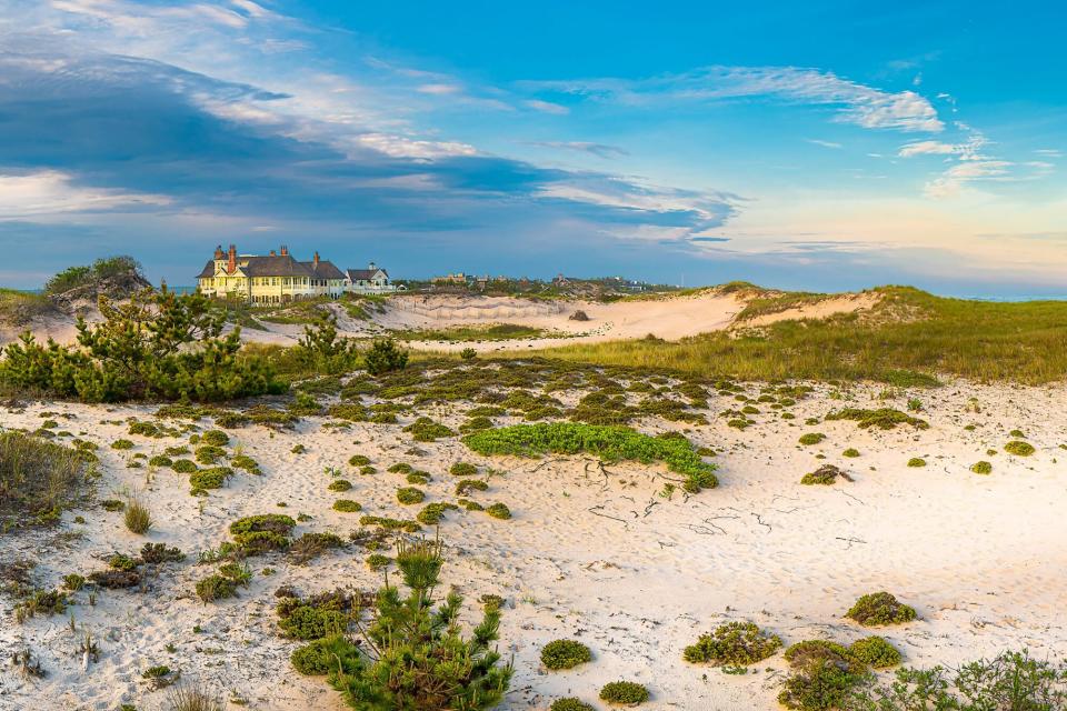 Dog-friendly East Hampton Beach in Hamptons, New York with a large Hampton home in the distance