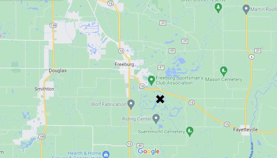 An X marks the vicinity in rural Freeburg where Illinois Conservation Police issued citations and written warnings to eight people hunting on properties owned by the Speiser and Cox families on Nov. 18.