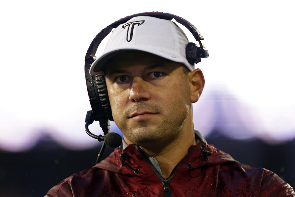 Troy head coach Jon Sumrall looks on against Army during an NCAA football game on Saturday, Oct. 14, 2023, in West Point, N.Y. Tulane has decided to fill its coaching vacancy with Troy's Jon Sumrall, who like his predecessor has posted consecutive seasons with more than 10 wins. Sumrall is replacing Willie Fritz, who left Tulane after eight seasons to take over at Houston. (AP Photo/Adam Hunger, File)