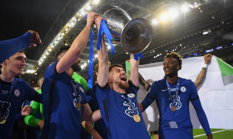 Jorginho lifts the European Cup after Chelsea’s Champions League final victory over Manchester City in May. There is talk of him winning the Ballon d’Or if Italy triumph on Sunday.