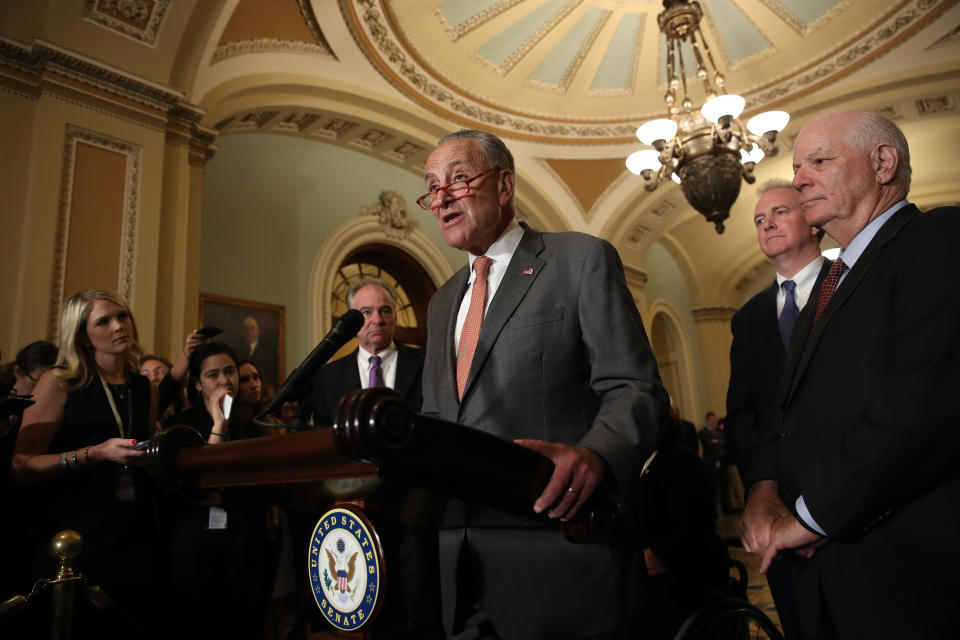 Senate Minority Leader Chuck Schumer answers questions on the potential of impeachment proceedings against President Trump. (Photo: Win McNamee/Getty Images)