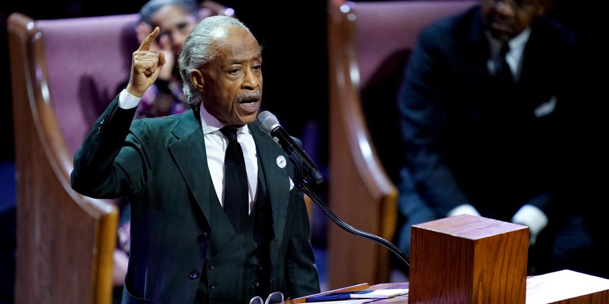 US Reverend Al Sharpton delivers the eulogy during the funeral service for Tyre Nichols at Mississippi Boulevard Christian Church in Memphis, Tennessee, on February 1, 2023.