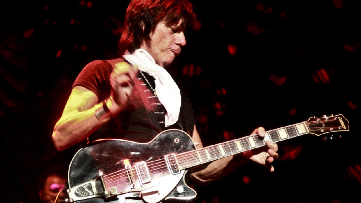  Jeff Beck performs on stage with the Imelda May Band at Indigo2 at O2 Arena on September 21, 2009 in London, England. 