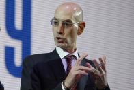 NBA Commissioner Adam Silver speaks during a welcome reception for the NBA Japan Games 2019 between the Toronto Raptors and the Houston Rockets in Tokyo, Japan, Monday, Oct. 7, 2019. (AP Photo/Kiichiro Sato)