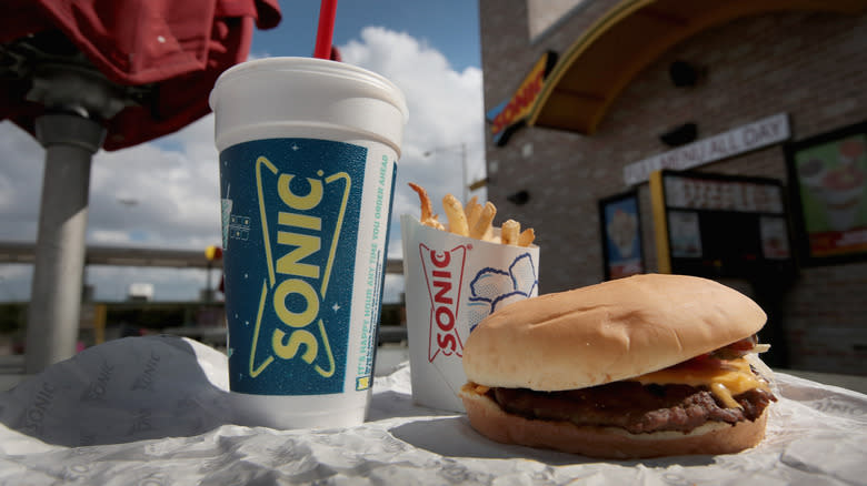 Sonic burger and fries meal outside of restaurant