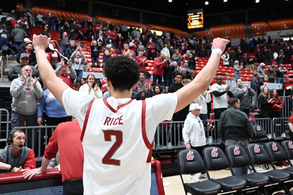 Washington State Cougars guard Myles Rice (2) celebrates after a game against the Arizona Wildcats at Friel Court at Beasley Coliseum.