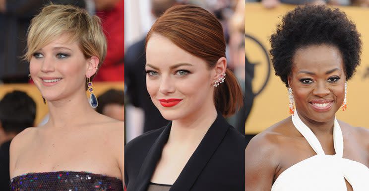 Jennifer Lawrence in Jennifer Meyer pendant earrings, Anita Ko ear cuff; Emma Stone in Repossi ear cuff, Viola Davis in Van Cleef & Arpels. Photo by Christopher Polk/WireImage, Jon Kopaloff/FilmMagic