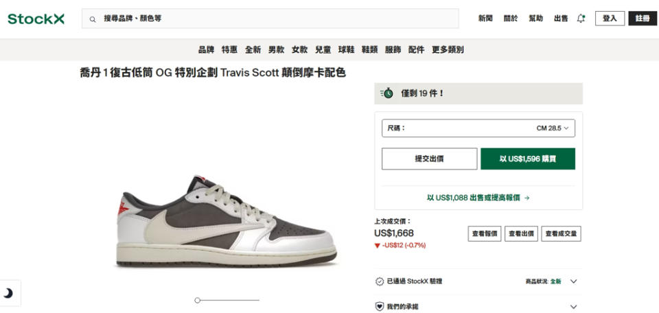 Travis Scott與Air Jordan 1的聯名倒鉤系列要價不斐，但仍有許多鞋迷趨之若鶩。(圖／STOCKX)