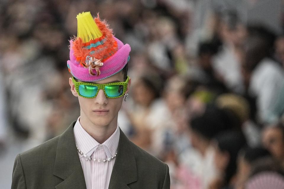 A model wears a creation for the Dior Menswear Spring/Summer 2024 fashion collection presented in Paris, Friday, June 23, 2023. (AP Photo/Michel Euler)