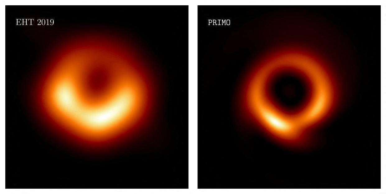 Two images of a glowing ring against a dark backdrop, the first, marked EHT 2019, slightly thicker and more blurry, and the second marked Primo, more distinct.