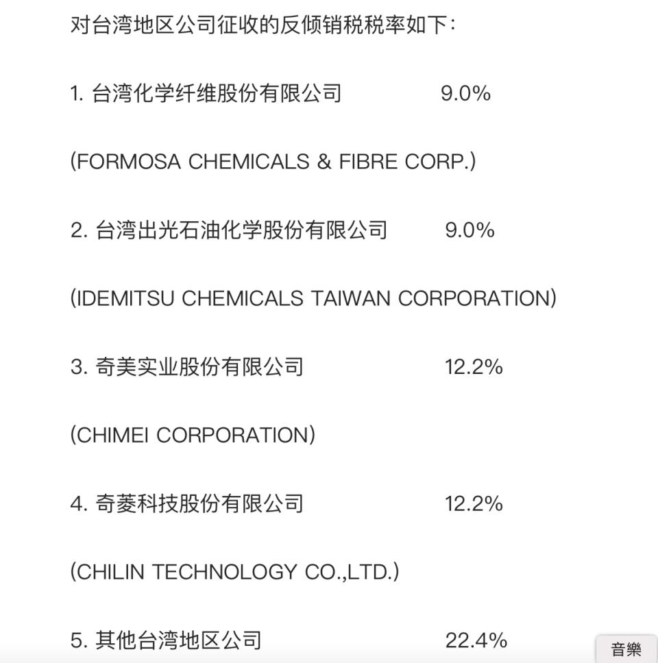 中國商務部認定台灣「聚碳酸酯」存在傾銷，20日起課徵反傾銷稅。翻攝中國商務部網站