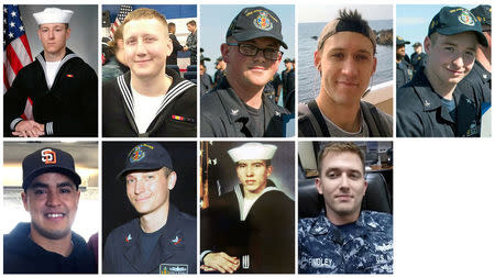 A combination photo showing (from L to R, top) Electronics Technician 3rd Class Kenneth Aaron Smith, Interior Communications Electrician 3rd Class Logan Stephen Palmer, Electronics Technician 3rd Class John Henry Hoagland III, Electronics Technician 3rd Class Dustin Louis Doyon, Electronics Technician 3rd Class Jacob Daniel Drake, (from L to R, bottom) Information Systems Technician 2nd Class Timothy Thomas Eckles Jr., Electronics Technician 2nd Class Kevin Sayer Bushell, Interior Communications Electrician 1st Class Abraham Lopez and Electronics Technician 1st Class Charles Nathan Findley, who was stationed aboard the USS John S. McCain when it collided with a merchant vessel in waters near Singapore and Malayasia, August 21, 2017, are shown in these undated photos provided August 24, 2017. U.S. Navy/Handout via REUTERS