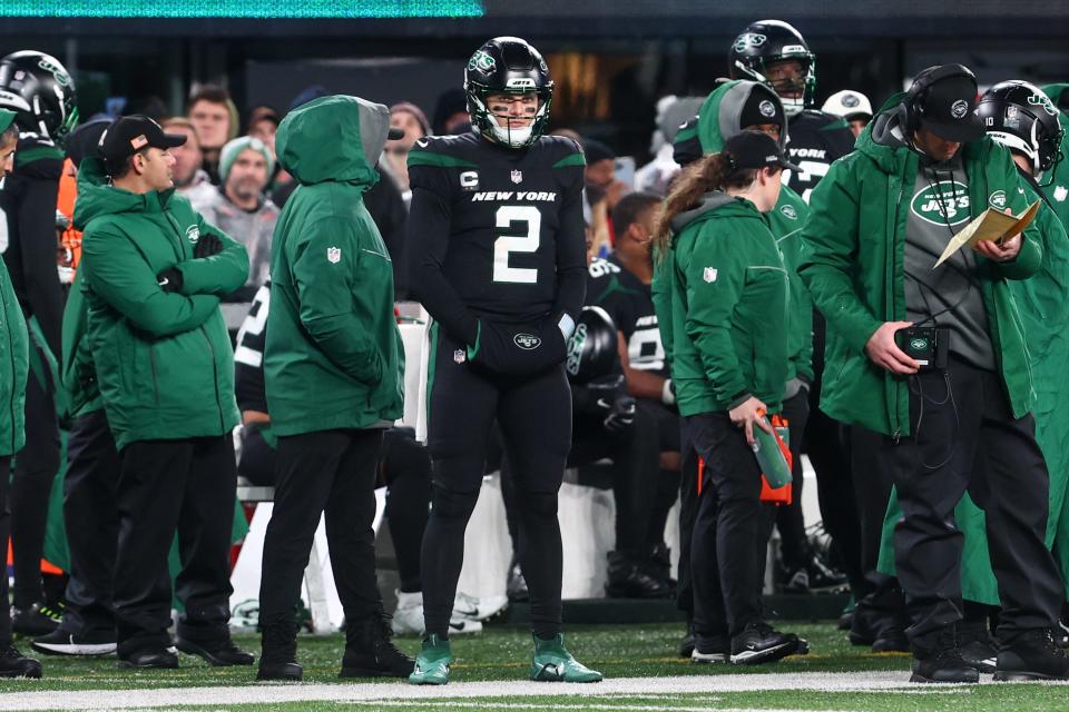 Dec 22, 2022; East Rutherford, New Jersey, USA; New York Jets quarterback Zach Wilson (2) watches from the sideline after being pulled from the game against the Jacksonville Jaguars during the second half at MetLife Stadium. Mandatory Credit: Ed Mulholland-USA TODAY Sports