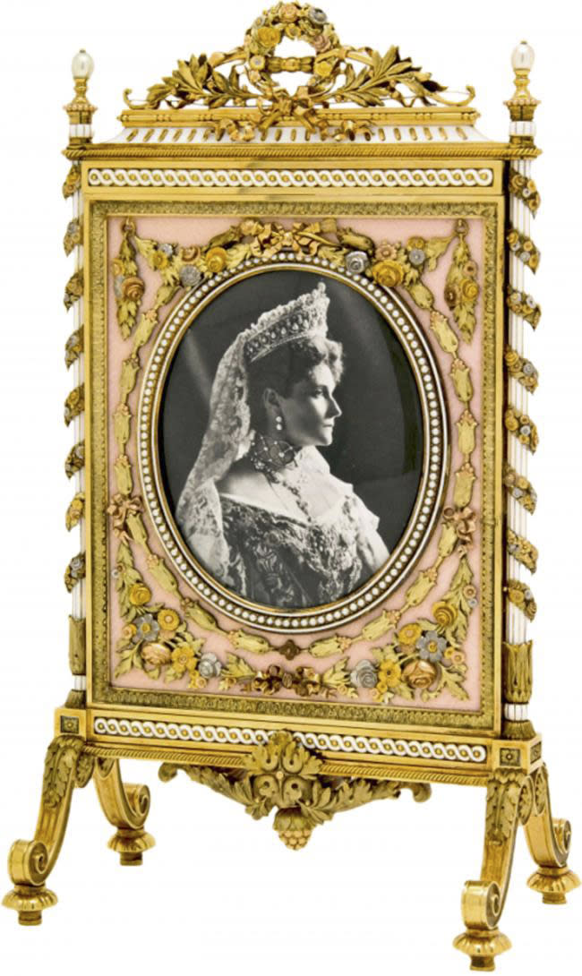 An ornate Faberge fire screen frame, a gift from Russian Tsar Nicholas II to his mother, Dowager Empress Maria Feodorovna is shown in this undated photo from the Houston Museum of Natural Science. The screen is on display at the museum as part of the largest private collection in the United States of items from the Russian artisan Peter Carl Faberge. Featuring more than 350 objects, the exhibit "Fabergé: A Brilliant Vision," runs through Dec. 31, 2013 at the Houston Museum of Natural Science. (AP Photo/Houston Museum of Natural Science)